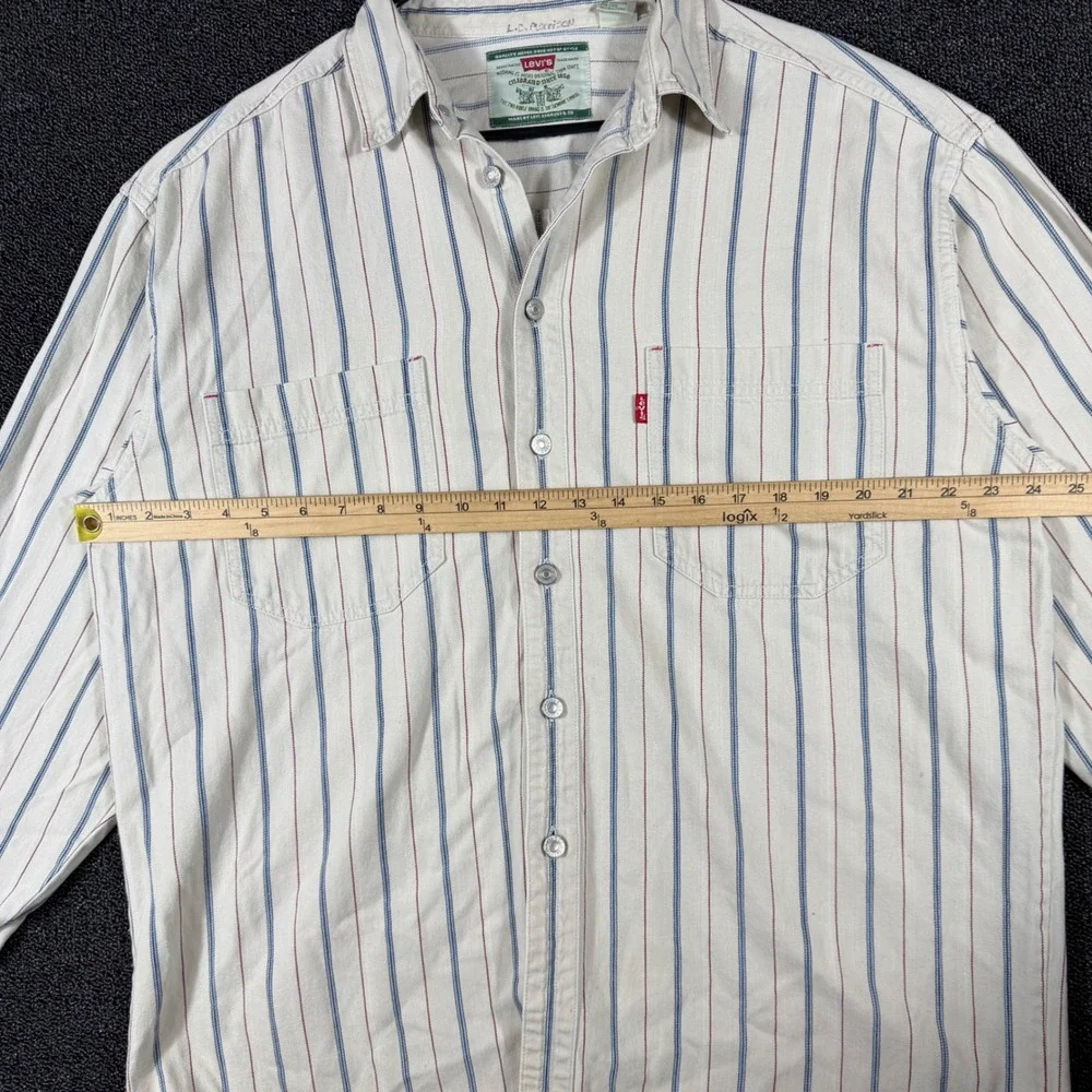 Vintage 90s Levis Red Tab Denim Work Shirt Mens L White Striped Western Workwear